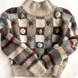Vintage Multicolor Rosette Floral Patchwork Y2K Handknit Granny‎ Sweater Limited